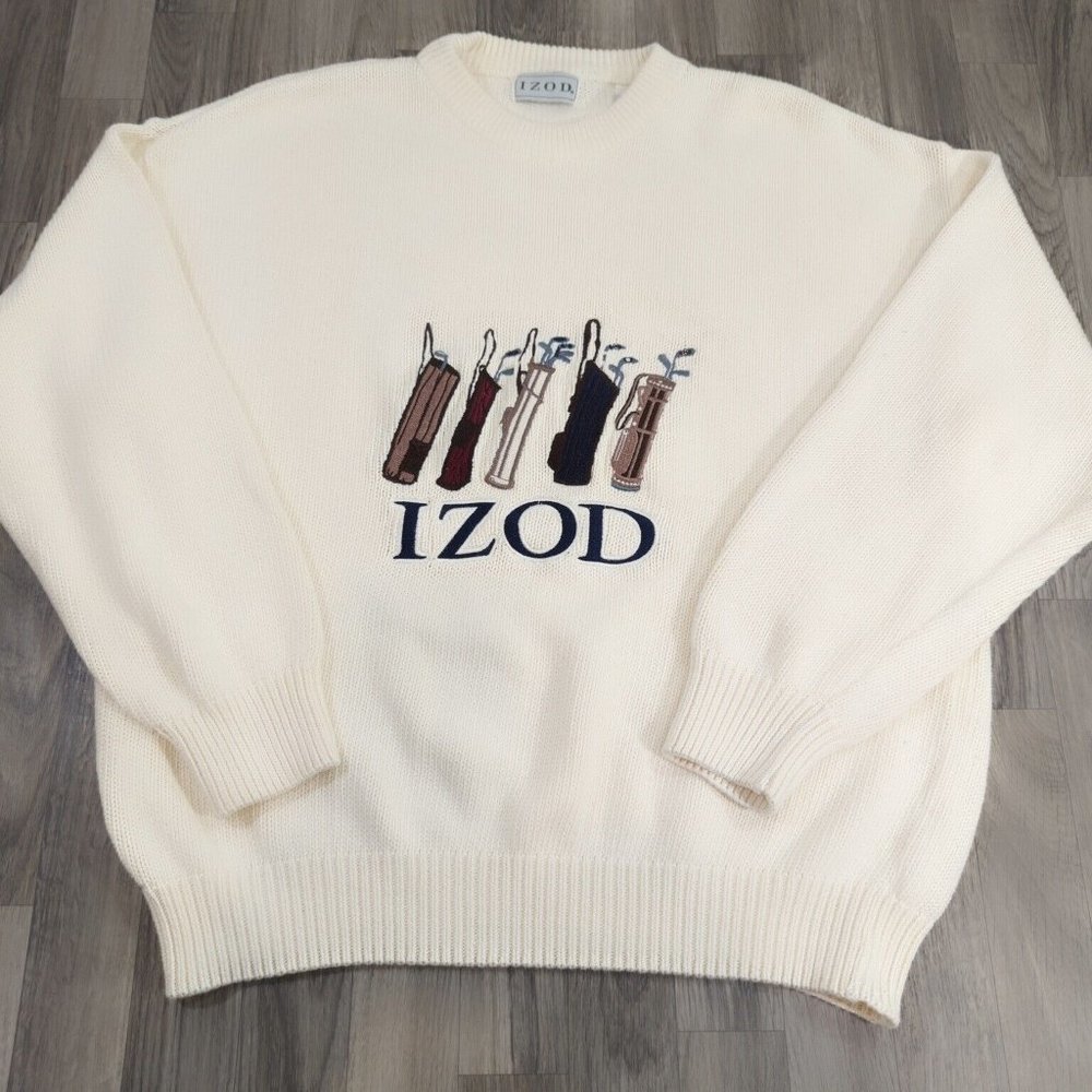 Vtg Izod Sweater Pull Over Embroidered Golf Clubs 100% Cotton Knit Cream Large